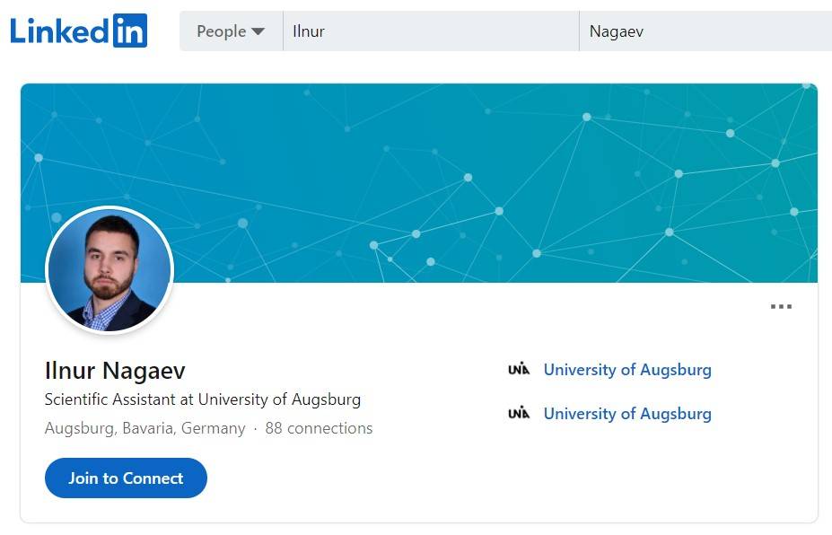 На страницата на Илнур Нагаев в LinkedIN присъства информация, че е докторант на университета в Аугсбург